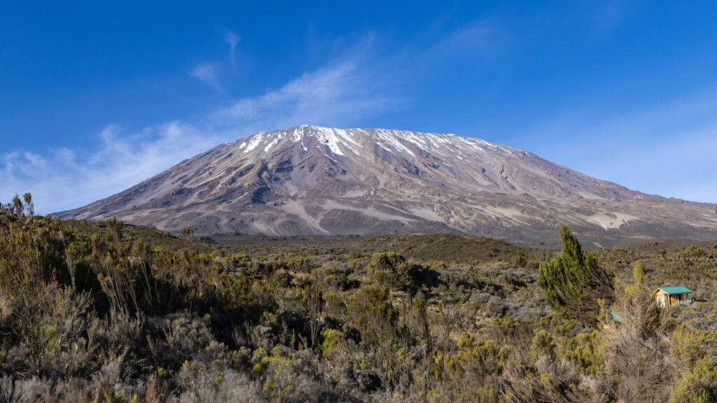 A breathtaking landscape of Mount Kilimanjaro with clear skies, showcasing the snowy peak and lush greenery.